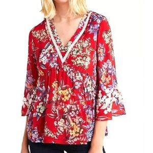 Anthropologie Vineet Bahl Red Floral Blouse XL Embroider Peasant ‎ Bell Sleeve